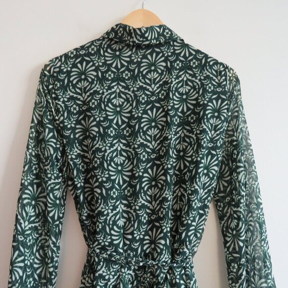 ZARA Sheer Leaf Print Belted Button Front Dress in Forest Green Boho - Size S - Picture 14 of 16